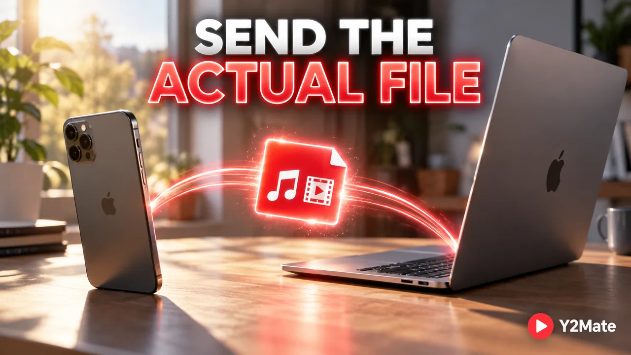 A media file moving between a phone and laptop on a bright desk